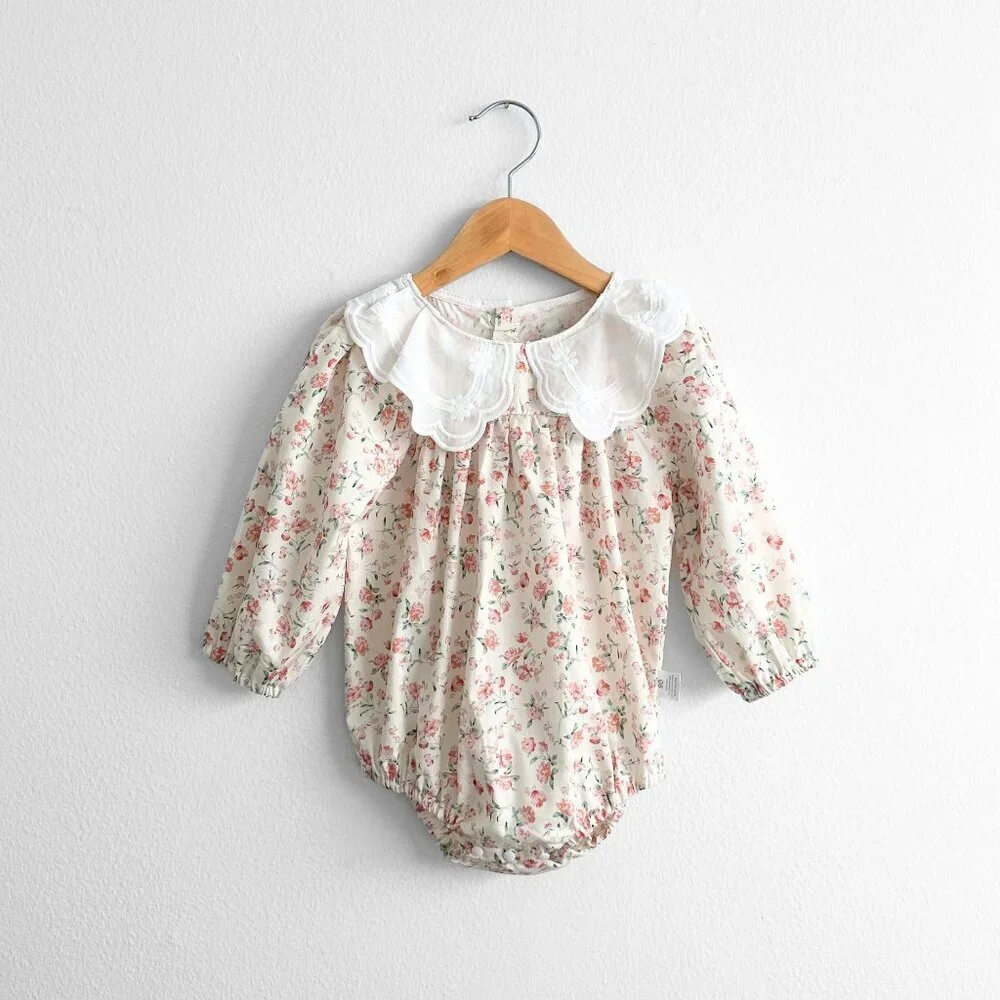 NWT Pretty Girls Embroidered Bib Collar Long Sleeve Bubble & Headband Cream 6-9M